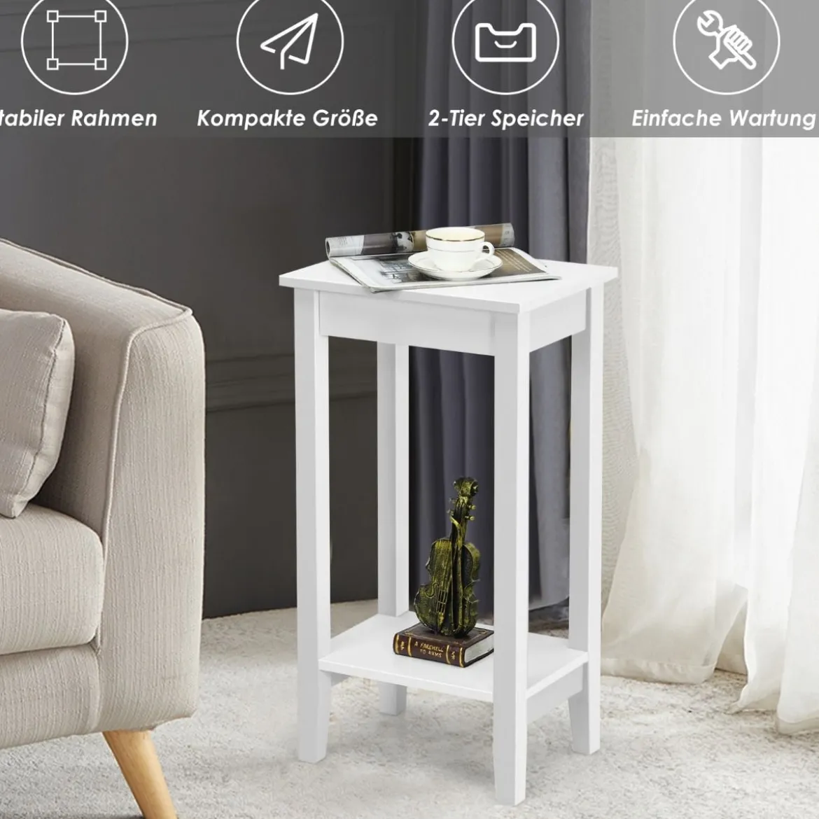 2 er Set Beistelltisch mit Regal 2-stöckiger hoher Sofatisch mit 4 Massivholzbeinen Weiß
