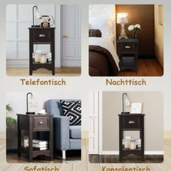 2er Set Beistelltisch mit Schublade & Ablage 2-stöckiger Sofatisch Nachttisch Walnuss