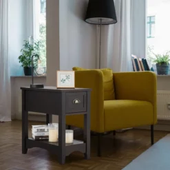 2er Set Beistelltisch mit Schublade & Ablage 2-stöckiger Sofatisch Nachttisch Walnuss