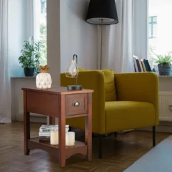 2er Set Beistelltisch mit Schublade & Ablage 2-stöckiger Sofatisch Nachttisch Rotbraun