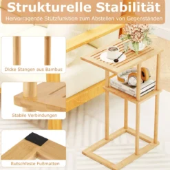 2er Set Beistelltisch Schmaler Nachttisch Rechteckiger Sofatisch C-Form Bambus Countisch