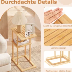 2er Set Beistelltisch Schmaler Nachttisch Rechteckiger Sofatisch C-Form Bambus Countisch