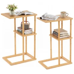 2er Set Beistelltisch Schmaler Nachttisch Rechteckiger Sofatisch C-Form Bambus Countisch