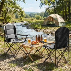 2er Set Campingstuhl Klappbar tragbarer Angelstuhl mit Getränkehalter Rutschfesten Füßen Schwarz