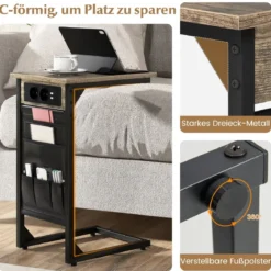 2er Set C-förmiger Beistelltisch mit Ladestation & USB Anschlüssen & Seitentasche Nachttisch