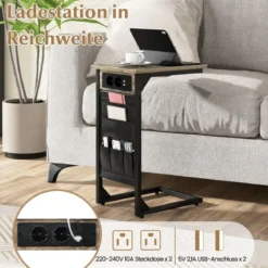 2er Set C-förmiger Beistelltisch mit Ladestation & USB Anschlüssen & Seitentasche Nachttisch