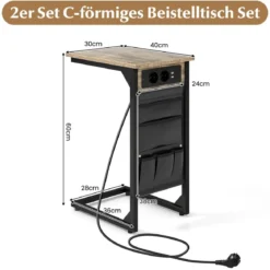 2er Set C-förmiger Beistelltisch mit Ladestation & USB Anschlüssen & Seitentasche Nachttisch