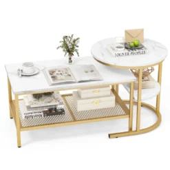 2er Set Couchtisch Beistelltisch Marmor Optik mit Metallrahmen & Ablage Gold und Weiß