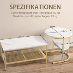 2er Set Couchtisch Beistelltisch Marmor Optik mit Metallrahmen & Ablage Gold und Weiß