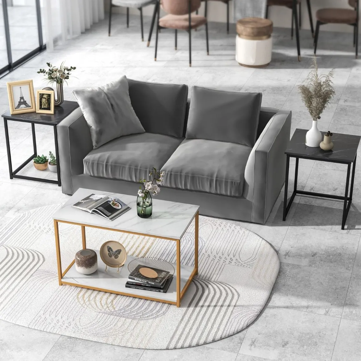 3er Set Couchtisch mit Mamoroptik mit Ablage & Metallrahmen Kaffeetisch Satztisch modern für Wohnzimmer Schlafzimmer