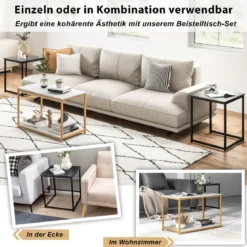3er Set Couchtisch mit Mamoroptik mit Ablage & Metallrahmen Kaffeetisch Satztisch modern für Wohnzimmer Schlafzimmer