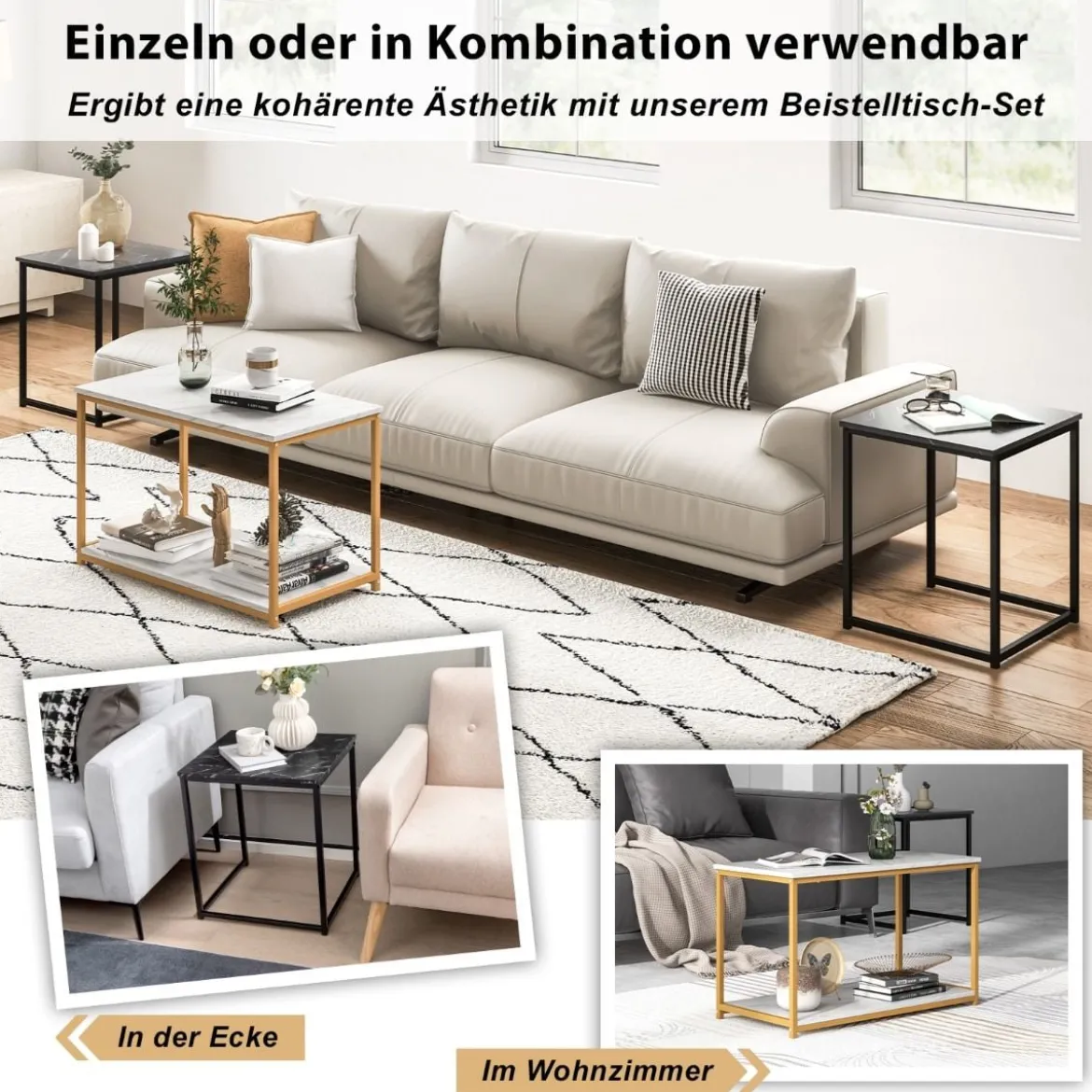 3er Set Couchtisch mit Mamoroptik mit Ablage & Metallrahmen Kaffeetisch Satztisch modern für Wohnzimmer Schlafzimmer