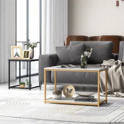 3er Set Couchtisch mit Mamoroptik mit Ablage & Metallrahmen Kaffeetisch Satztisch modern für Wohnzimmer Schlafzimmer