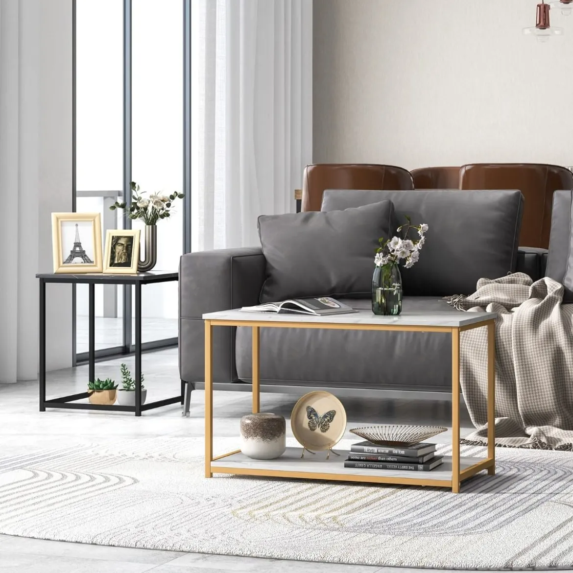 3er Set Couchtisch mit Mamoroptik mit Ablage & Metallrahmen Kaffeetisch Satztisch modern für Wohnzimmer Schlafzimmer