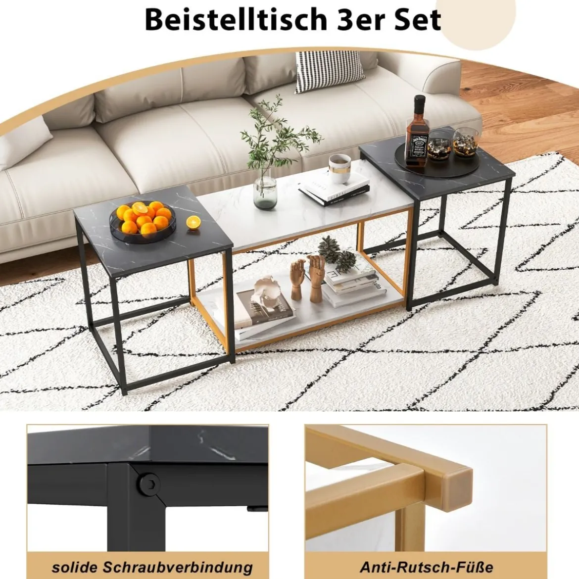 3er Set Couchtisch mit Mamoroptik mit Ablage & Metallrahmen Kaffeetisch Satztisch modern für Wohnzimmer Schlafzimmer