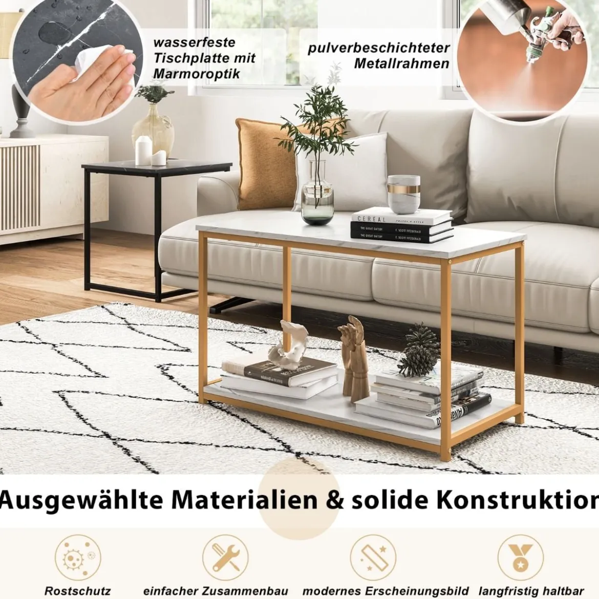 3er Set Couchtisch mit Mamoroptik mit Ablage & Metallrahmen Kaffeetisch Satztisch modern für Wohnzimmer Schlafzimmer
