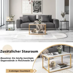 3er Set Couchtisch mit Mamoroptik mit Ablage & Metallrahmen Kaffeetisch Satztisch modern für Wohnzimmer Schlafzimmer