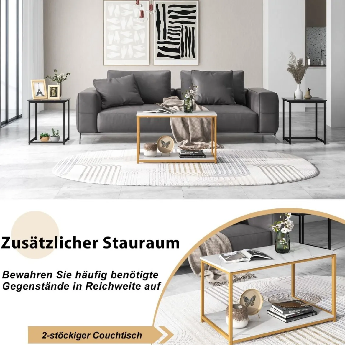 3er Set Couchtisch mit Mamoroptik mit Ablage & Metallrahmen Kaffeetisch Satztisch modern für Wohnzimmer Schlafzimmer