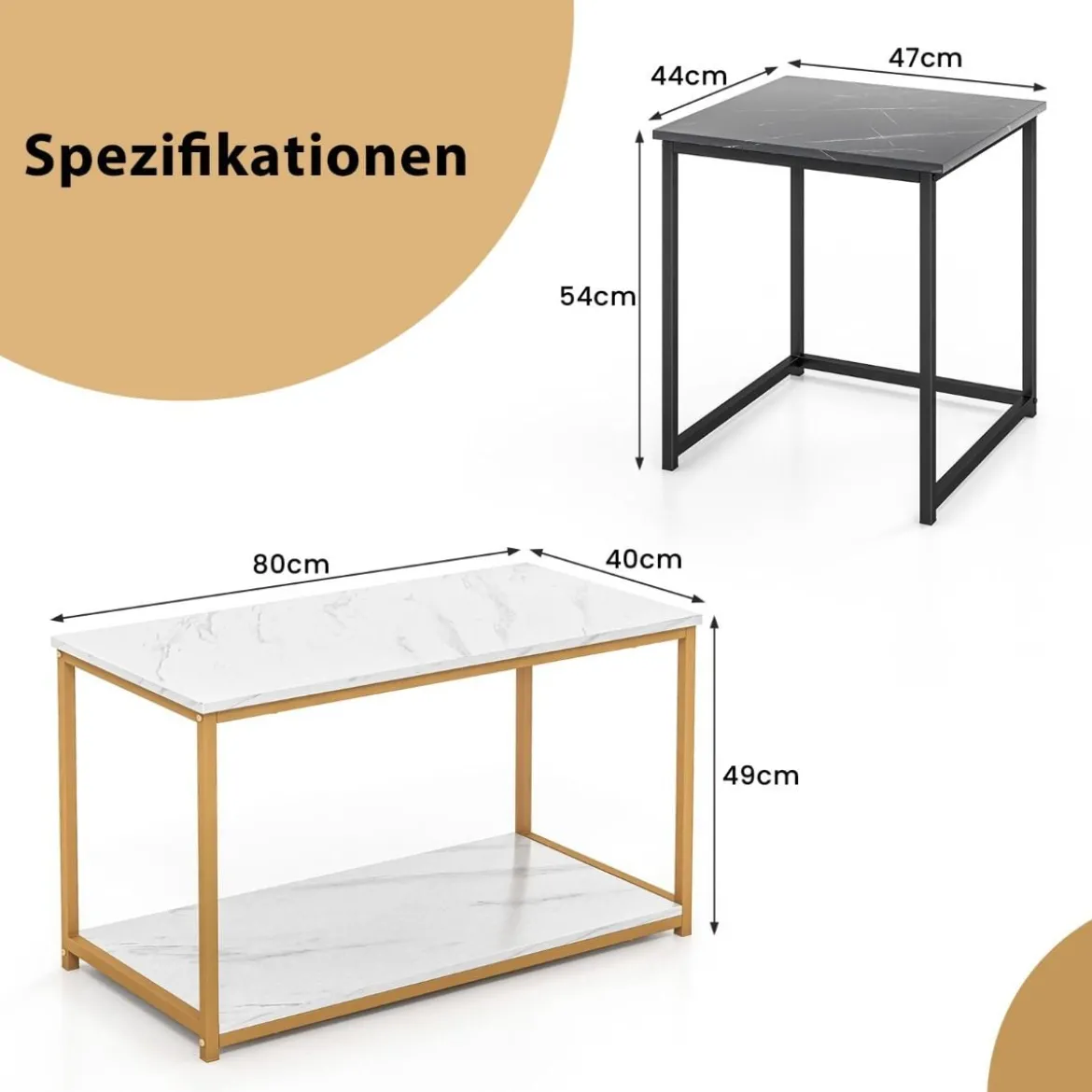 3er Set Couchtisch mit Mamoroptik mit Ablage & Metallrahmen Kaffeetisch Satztisch modern für Wohnzimmer Schlafzimmer