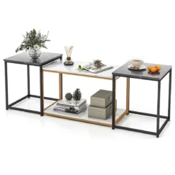 3er Set Couchtisch mit Mamoroptik mit Ablage & Metallrahmen Kaffeetisch Satztisch modern für Wohnzimmer Schlafzimmer