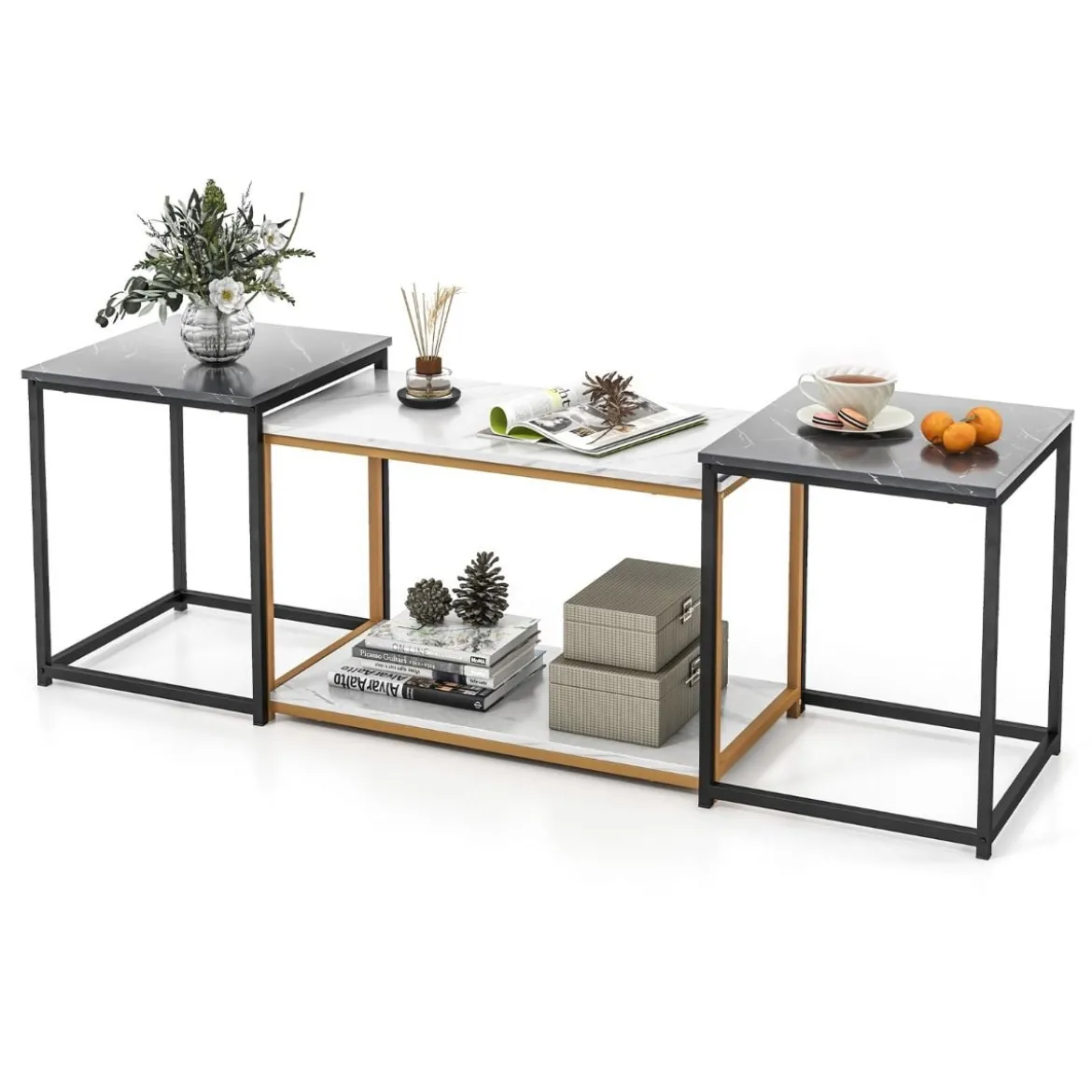 3er Set Couchtisch mit Mamoroptik mit Ablage & Metallrahmen Kaffeetisch Satztisch modern für Wohnzimmer Schlafzimmer