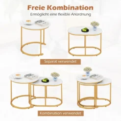 2er Set Couchtisch mit Marmoroptik Beistelltisch Holz mit goldfarbenem Metallbeinen