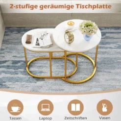 2er Set Couchtisch mit Marmoroptik Beistelltisch Holz mit goldfarbenem Metallbeinen
