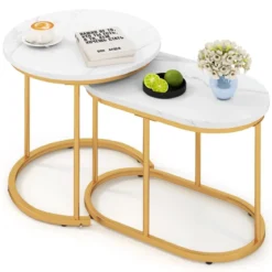 2er Set Couchtisch mit Marmoroptik Beistelltisch Holz mit goldfarbenem Metallbeinen