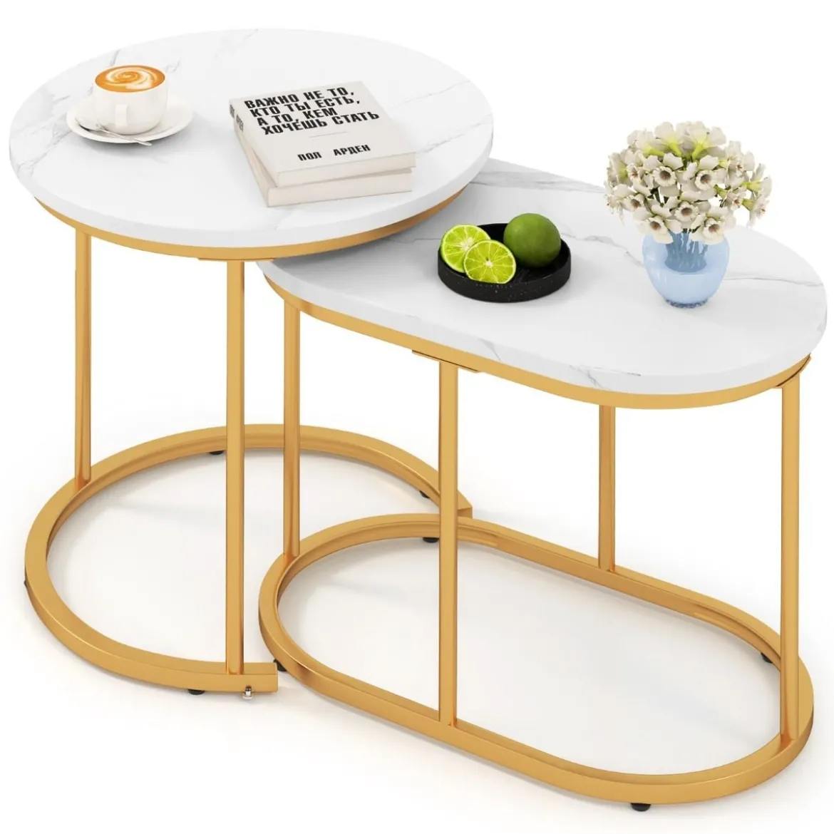 2er Set Couchtisch mit Marmoroptik Beistelltisch Holz mit goldfarbenem Metallbeinen