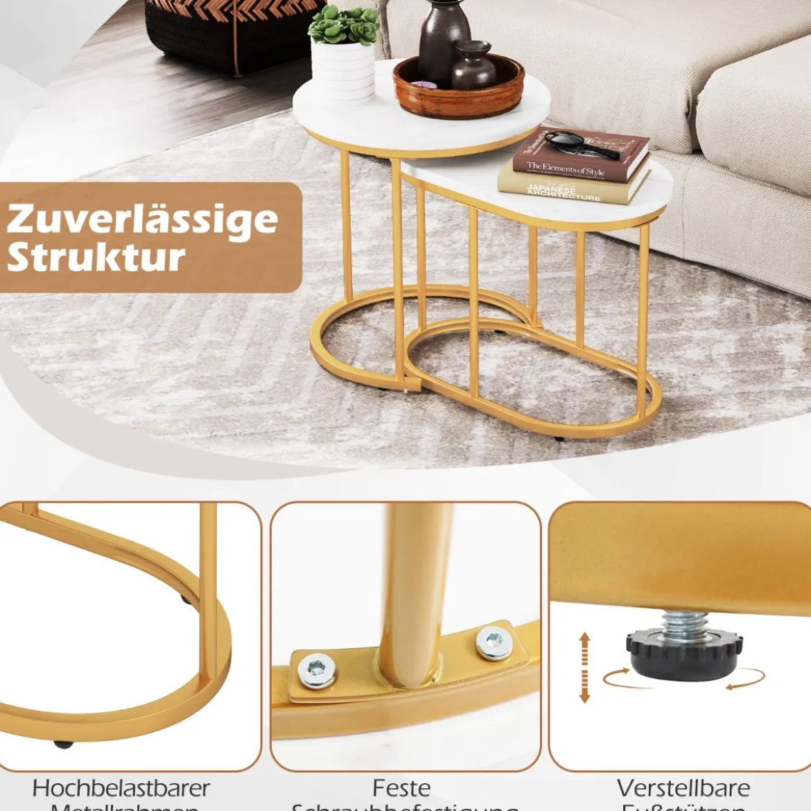 2er Set Couchtisch mit Marmoroptik Beistelltisch Holz mit goldfarbenem Metallbeinen