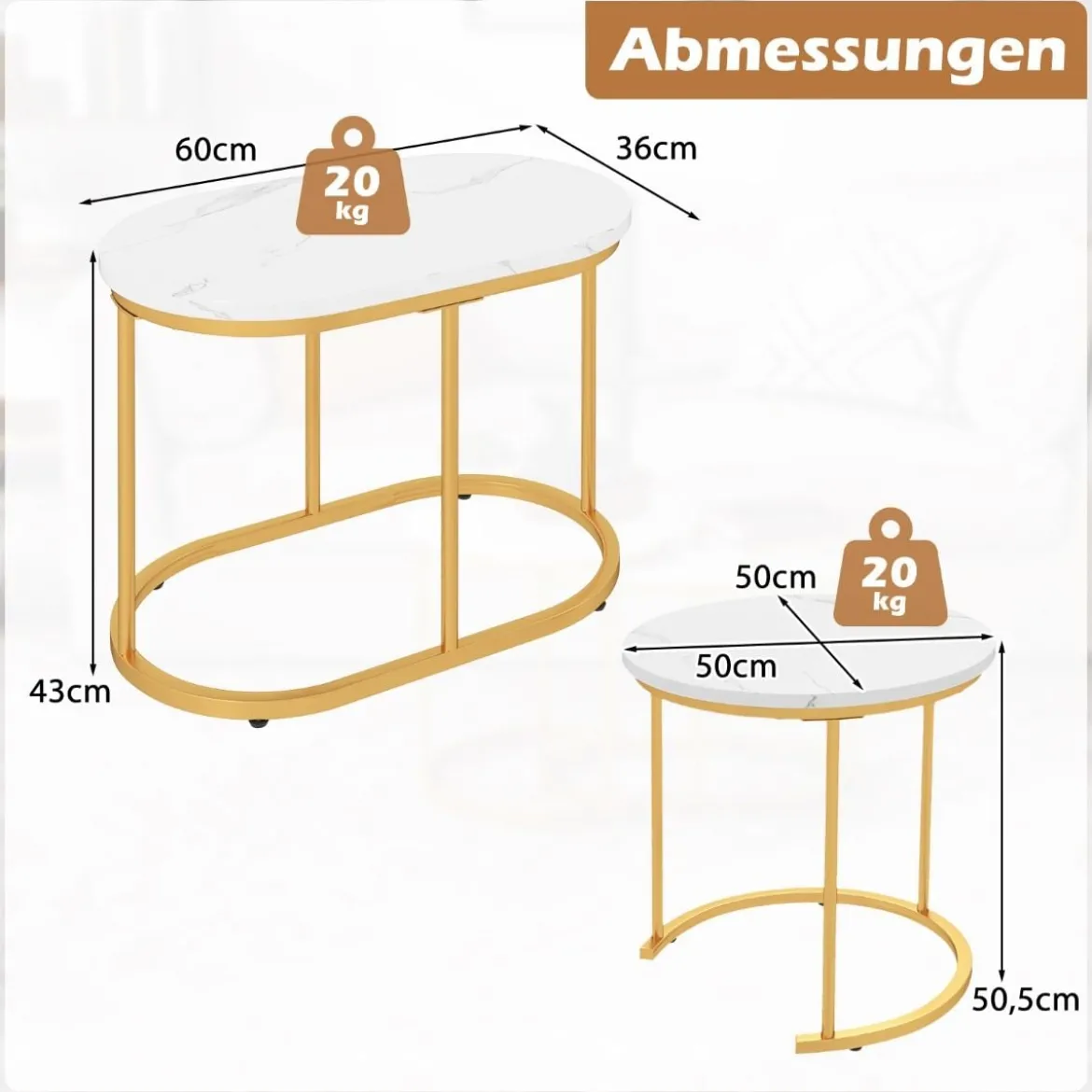 2er Set Couchtisch mit Marmoroptik Beistelltisch Holz mit goldfarbenem Metallbeinen