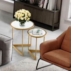 2er Set Couchtisch mit Marmoroptik mit Goldfarbenem Metallbeinen Modern Beistelltisch