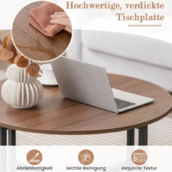 3er Set Couchtisch mit Robustem Metallrahmen Runder Kaffeetisch & 2 Quadratische Beistelltische Braun