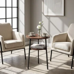 2er Set Couchtisch Rund Ø39 cm Beistelltisch mit 2 Ebenen Wohnzimmertsich mit Stahlrahmen Walnuss