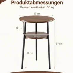 2er Set Couchtisch Rund Ø39 cm Beistelltisch mit 2 Ebenen Wohnzimmertsich mit Stahlrahmen Walnuss