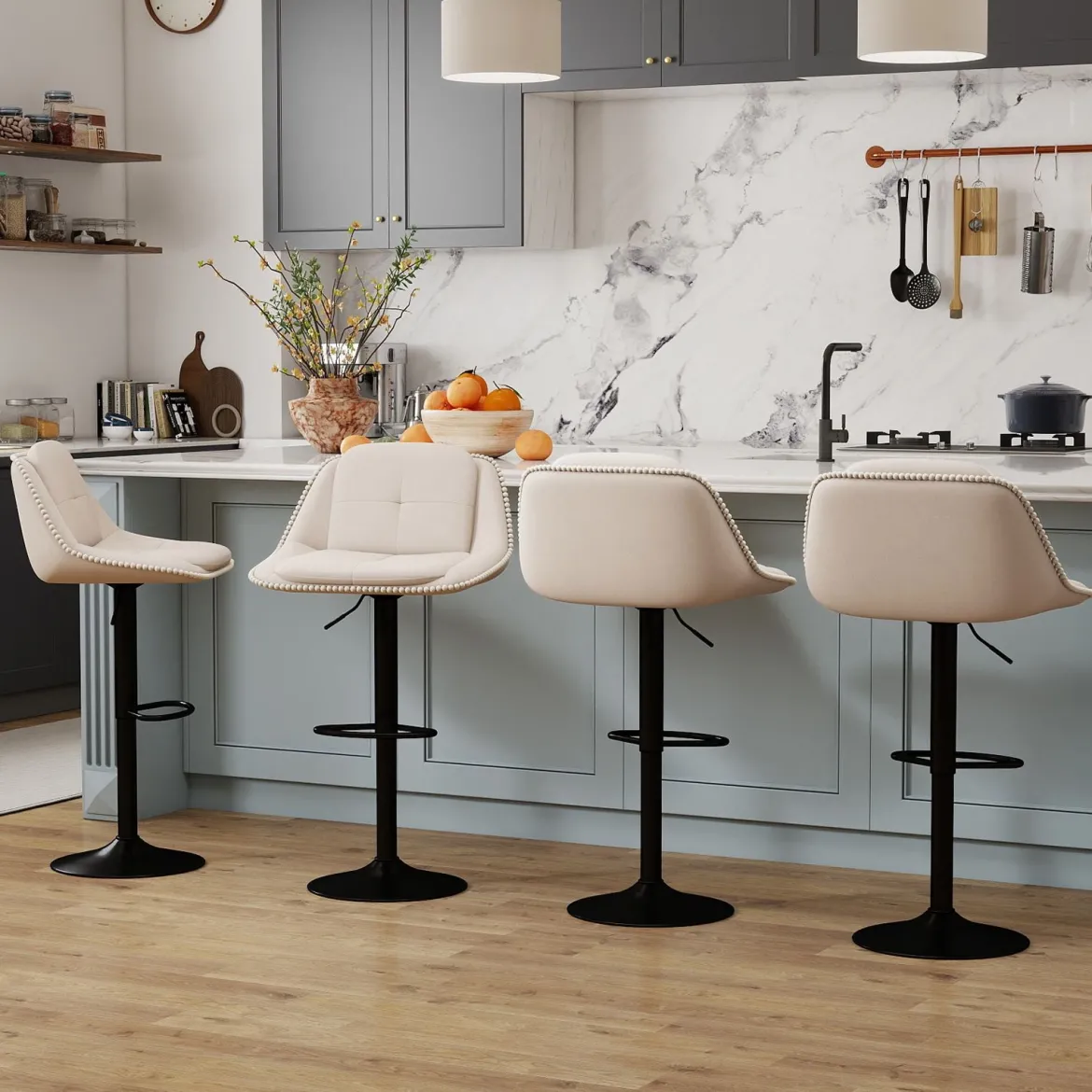 2er Set Drehbarer Barhocker mit Verstellbarer Höhe & Gepolstertem Sitz Barstuhl Küchenstuhl Beige