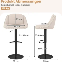 2er Set Drehbarer Barhocker mit Verstellbarer Höhe & Gepolstertem Sitz Barstuhl Küchenstuhl Beige