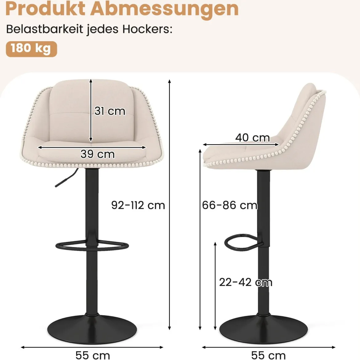 2er Set Drehbarer Barhocker mit Verstellbarer Höhe & Gepolstertem Sitz Barstuhl Küchenstuhl Beige
