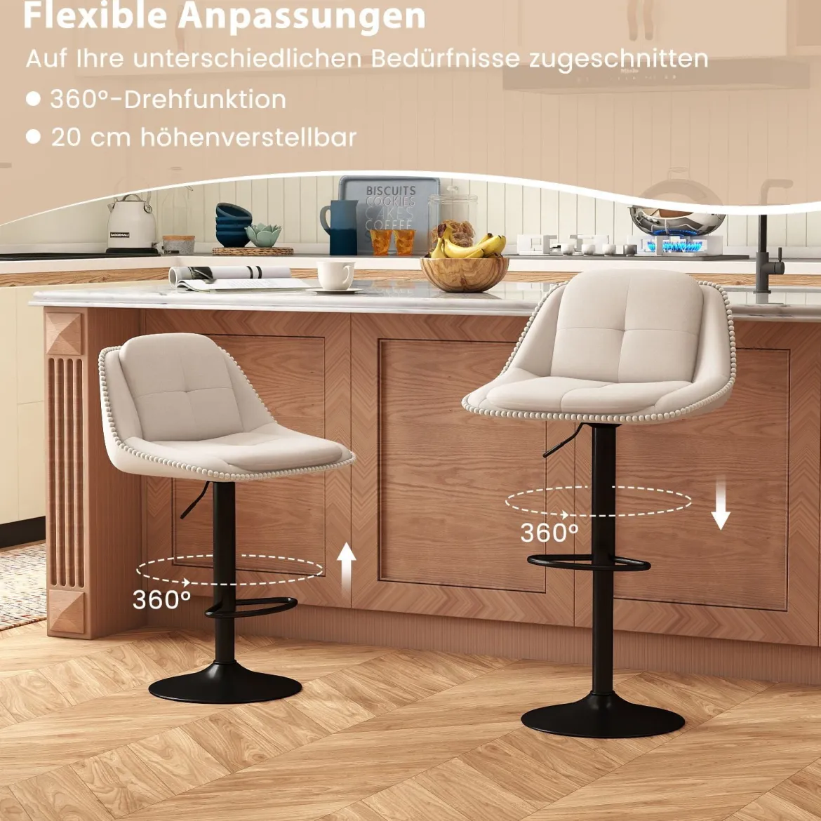 2er Set Drehbarer Barhocker mit Verstellbarer Höhe & Gepolstertem Sitz Barstuhl Küchenstuhl Beige