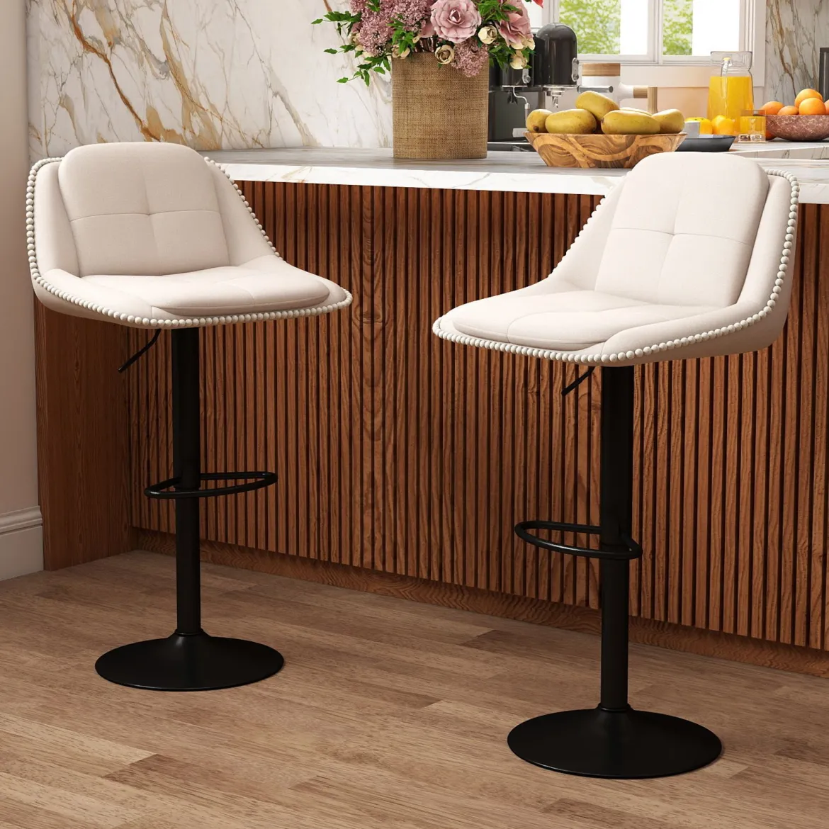 2er Set Drehbarer Barhocker mit Verstellbarer Höhe & Gepolstertem Sitz Barstuhl Küchenstuhl Beige