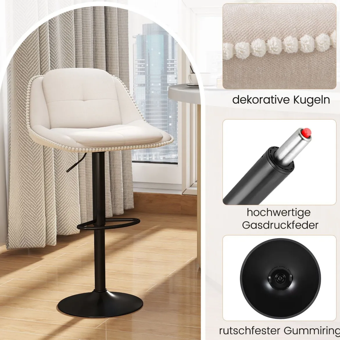 2er Set Drehbarer Barhocker mit Verstellbarer Höhe & Gepolstertem Sitz Barstuhl Küchenstuhl Beige