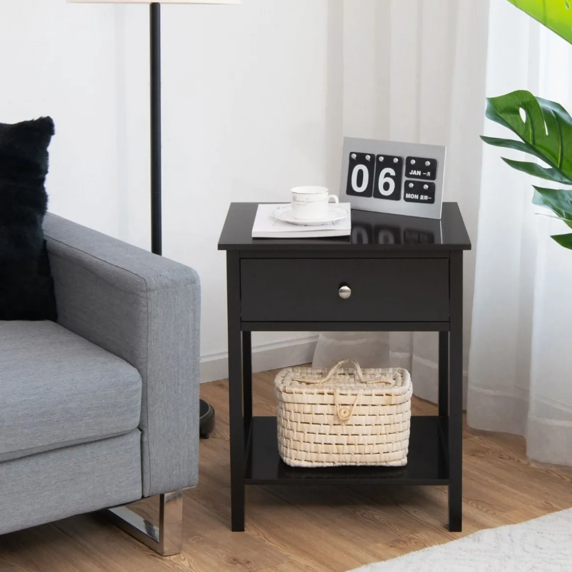 2er Set 2 Ebene Nachttisch mit Schublade Nachtkommode 48 x 40 x 58 cm Schwarz