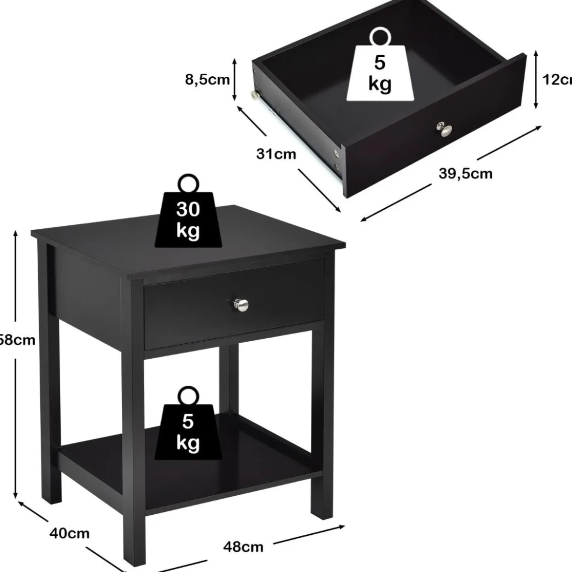 2er Set 2 Ebene Nachttisch mit Schublade Nachtkommode 48 x 40 x 58 cm Schwarz