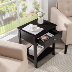 2er Set 2 Ebene Nachttisch mit Schublade Nachtkommode 48 x 40 x 58 cm Schwarz