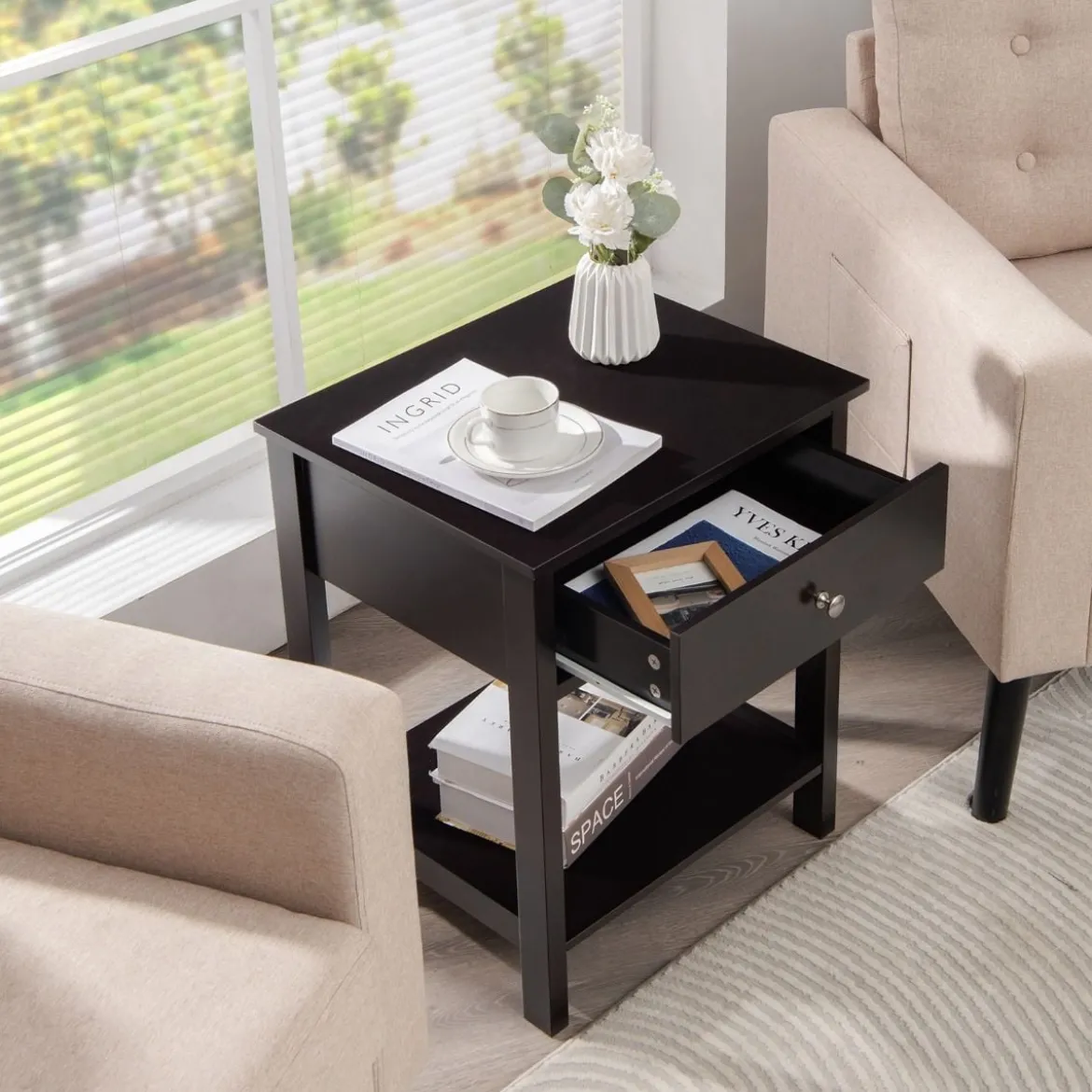 2er Set 2 Ebene Nachttisch mit Schublade Nachtkommode 48 x 40 x 58 cm Schwarz
