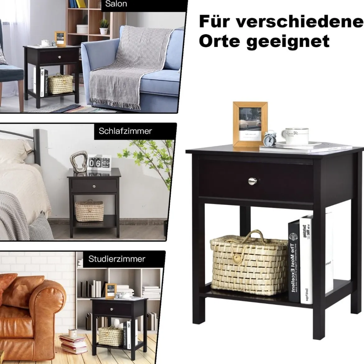2er Set 2 Ebene Nachttisch mit Schublade Nachtkommode 48 x 40 x 58 cm Schwarz