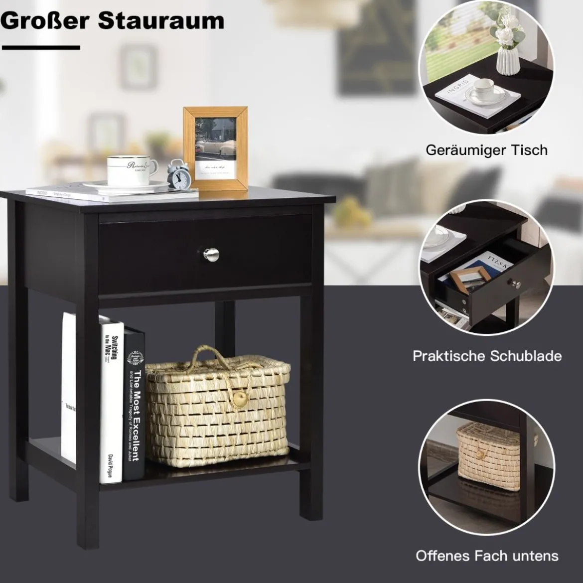2er Set 2 Ebene Nachttisch mit Schublade Nachtkommode 48 x 40 x 58 cm Schwarz