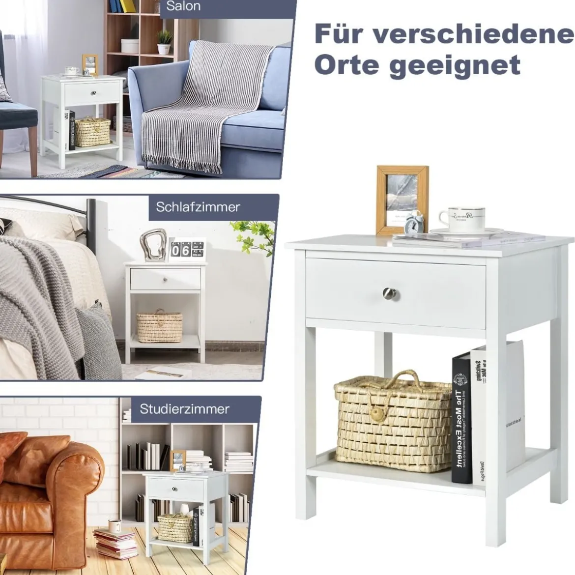 2er Set 2 Ebene Nachttisch mit Schublade Nachtkommode 48 x 40 x 58 cm Weiß