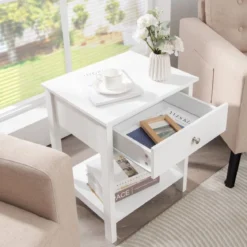 2er Set 2 Ebene Nachttisch mit Schublade Nachtkommode 48 x 40 x 58 cm Weiß