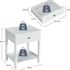 2er Set 2 Ebene Nachttisch mit Schublade Nachtkommode 48 x 40 x 58 cm Weiß